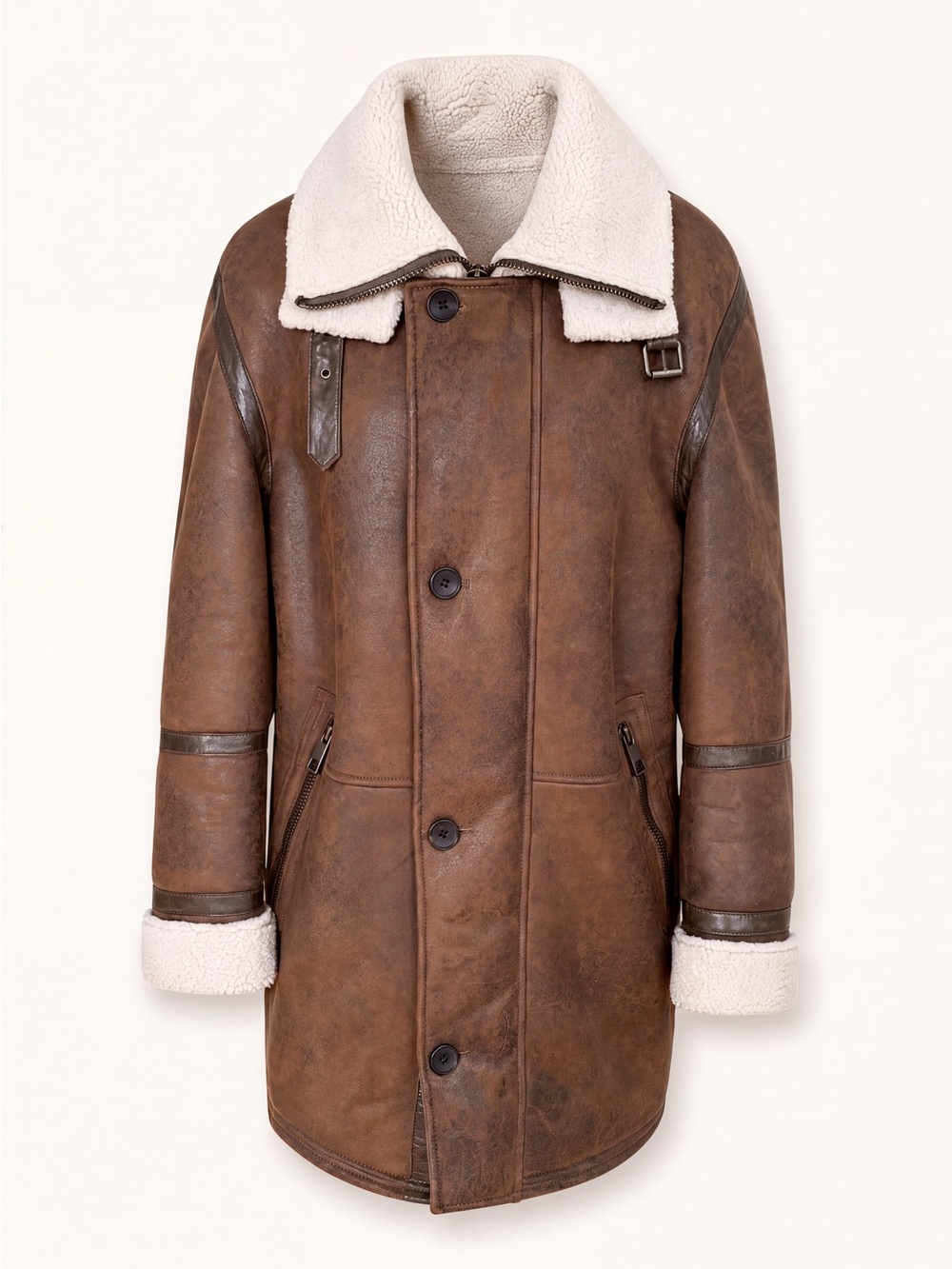 Zara Mens Brown Double Collar Shearling AVIATOR Overcoat Jacket Size Medium